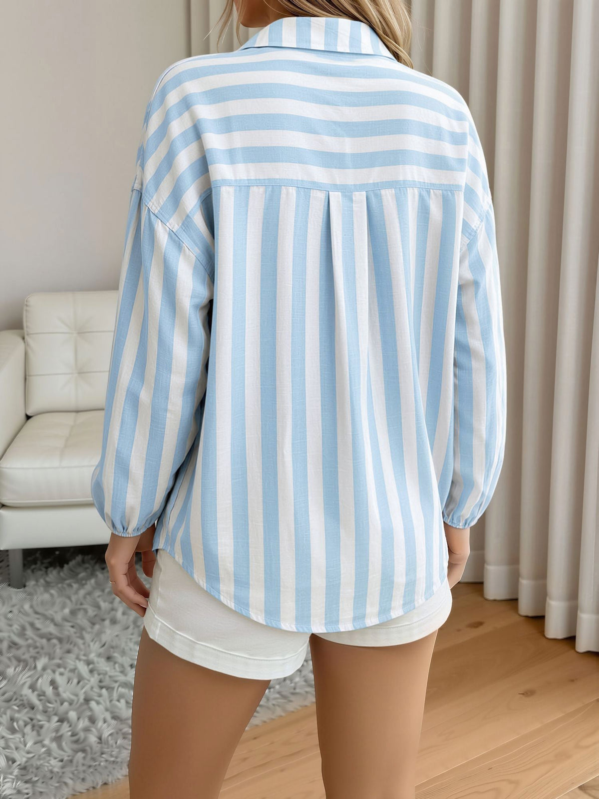 Striped Ruffled Collared Long Sleeves Casual Blouse