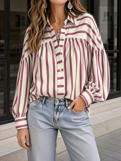 Striped Lantern Sleeves Collared Casual Blouse