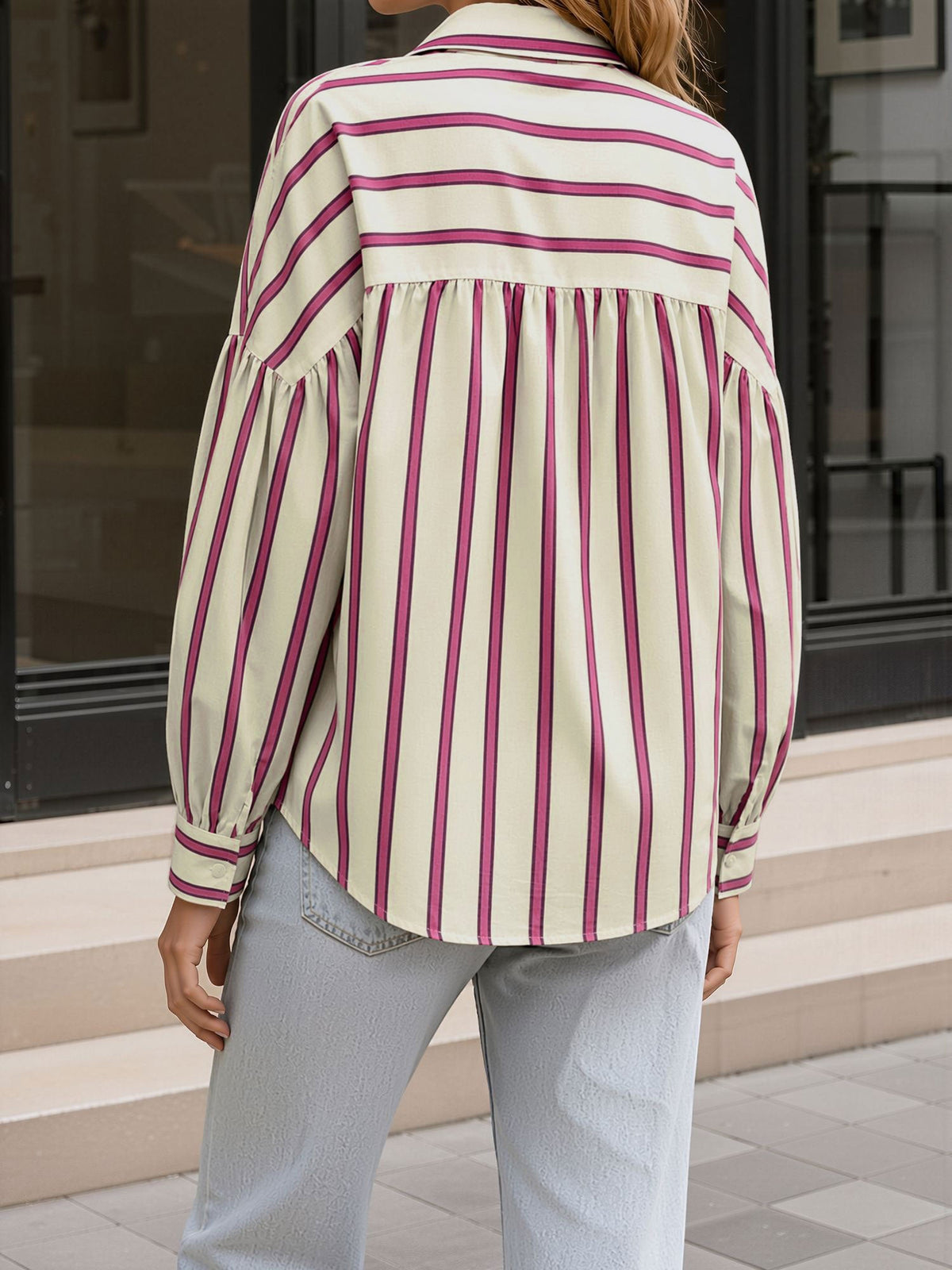 Striped Lantern Sleeves Collared Casual Blouse