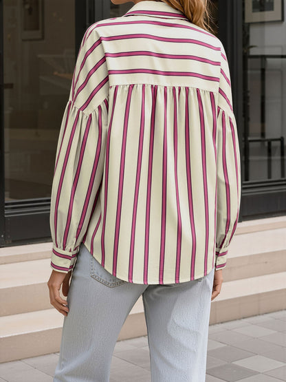 Striped Lantern Sleeves Collared Casual Blouse
