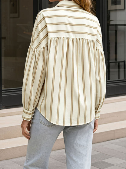 Striped Lantern Sleeves Collared Casual Blouse