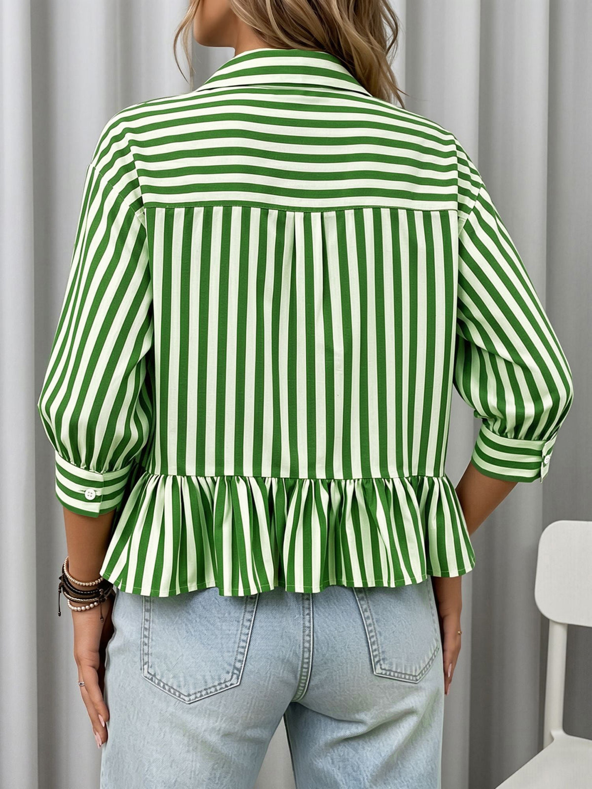 Striped Ruffled Cropped Three-Quarter Sleeve Blouse