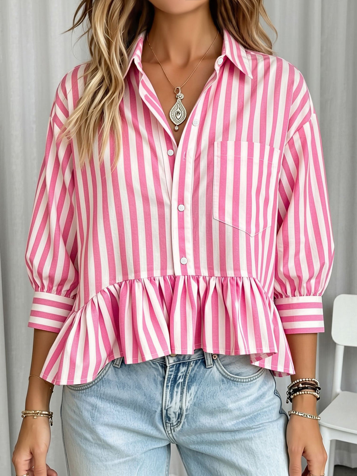 Striped Ruffled Cropped Three-Quarter Sleeve Blouse
