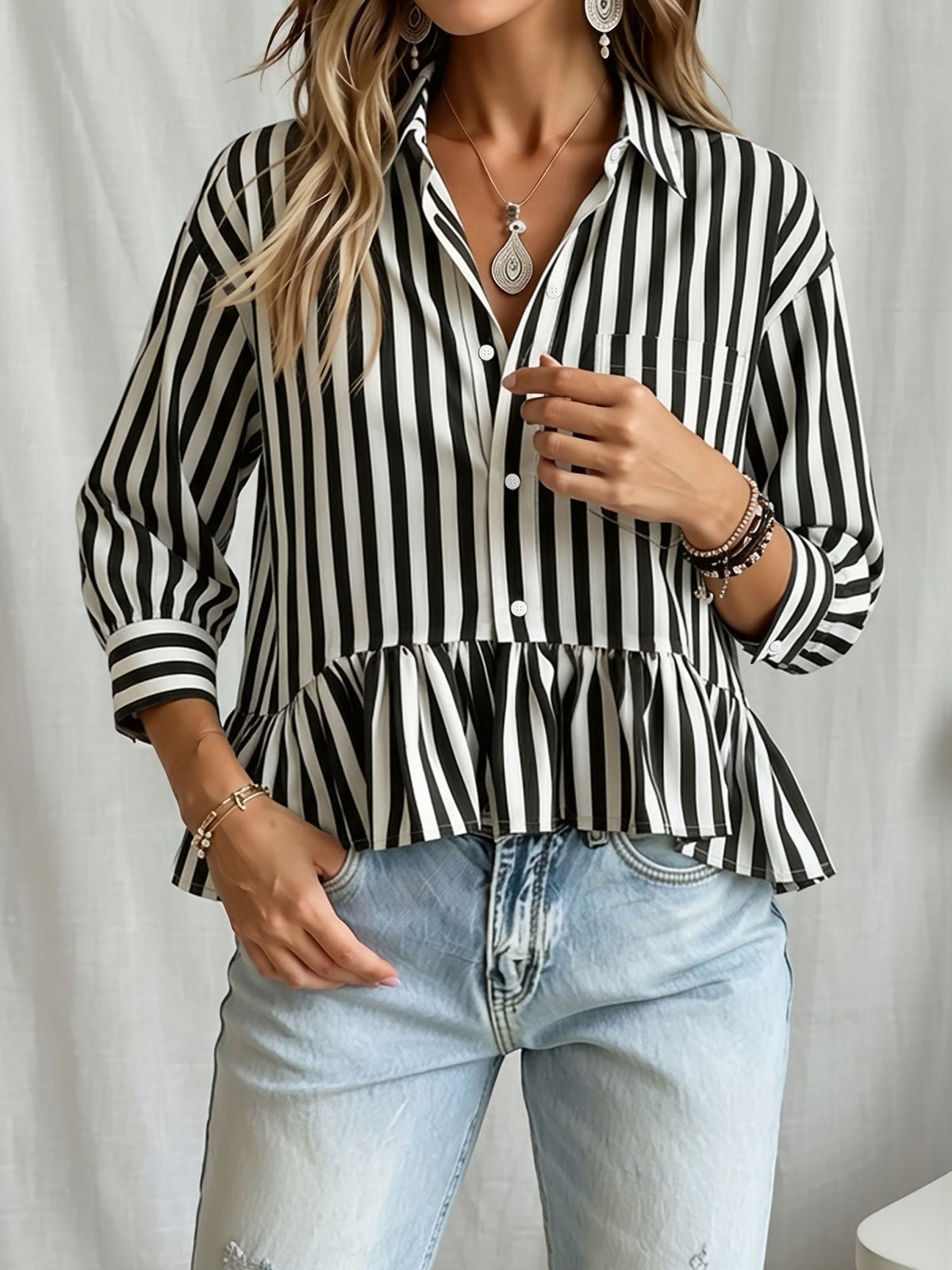 Striped Ruffled Cropped Three-Quarter Sleeve Blouse