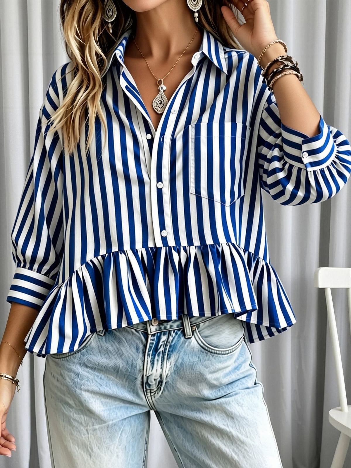 Striped Ruffled Cropped Three-Quarter Sleeve Blouse