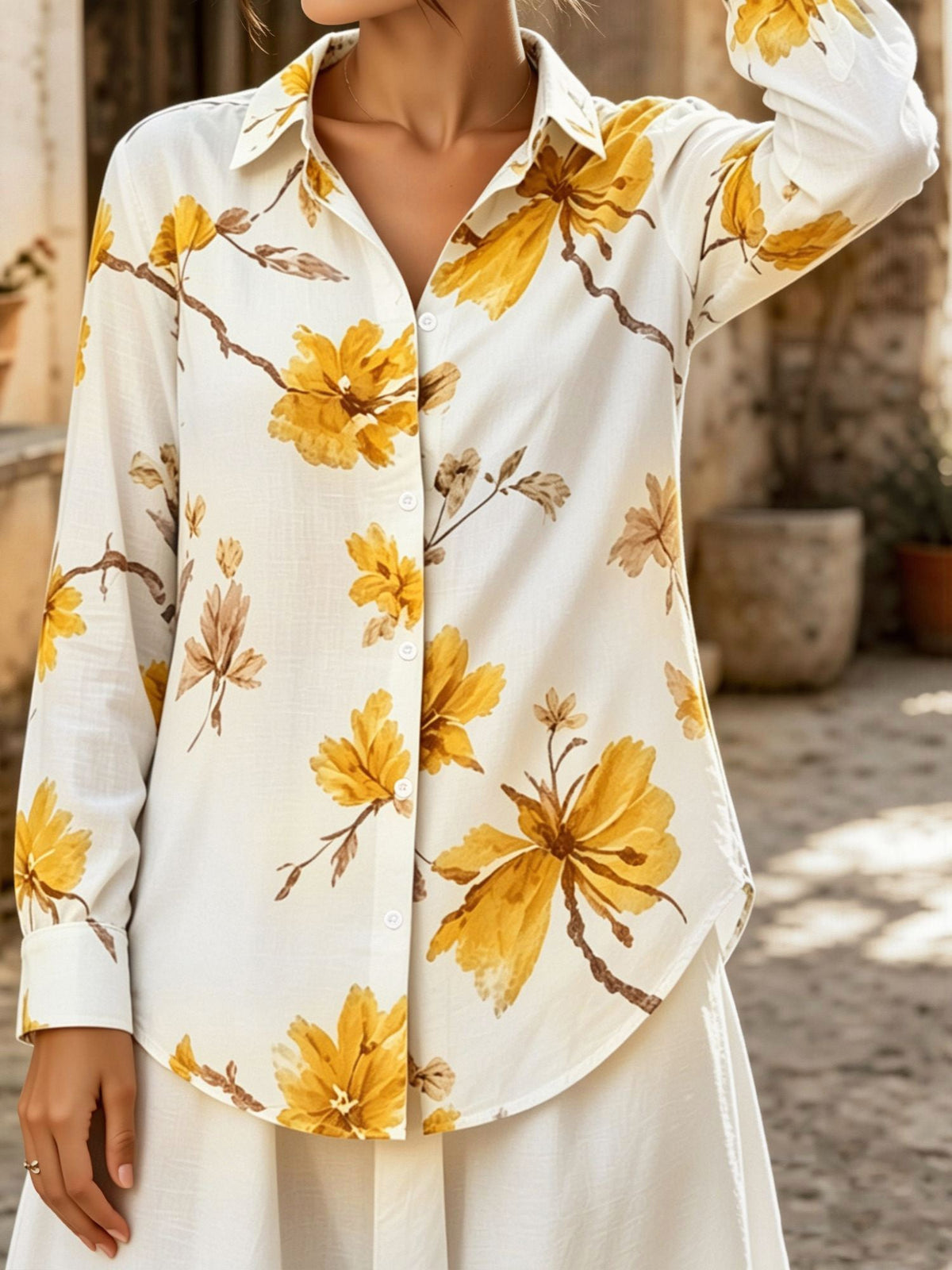 Floral Collared Button Down Long Sleeves Shirt