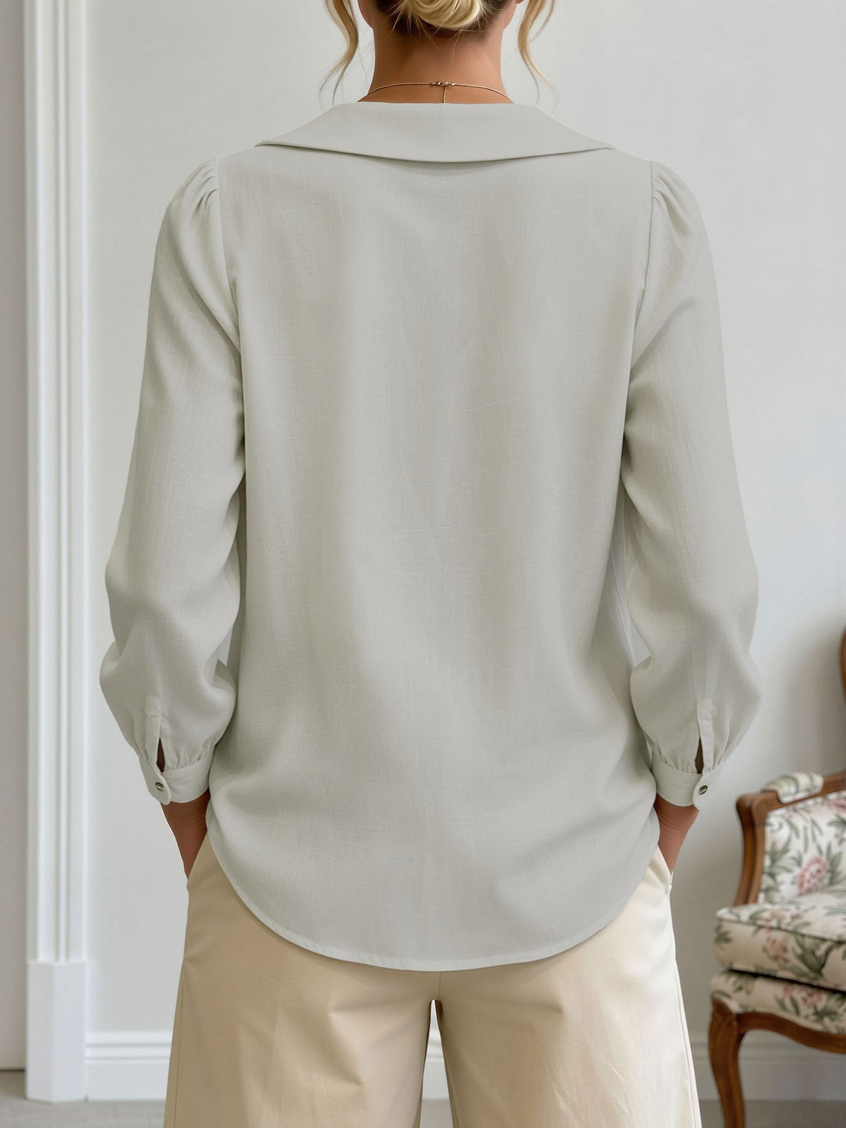 Peter Pan Collar Puff Long Sleeves Solid Color Blouse