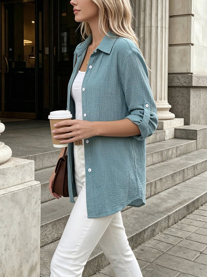 Long Sleeve Button Down Collared Textured Shirt