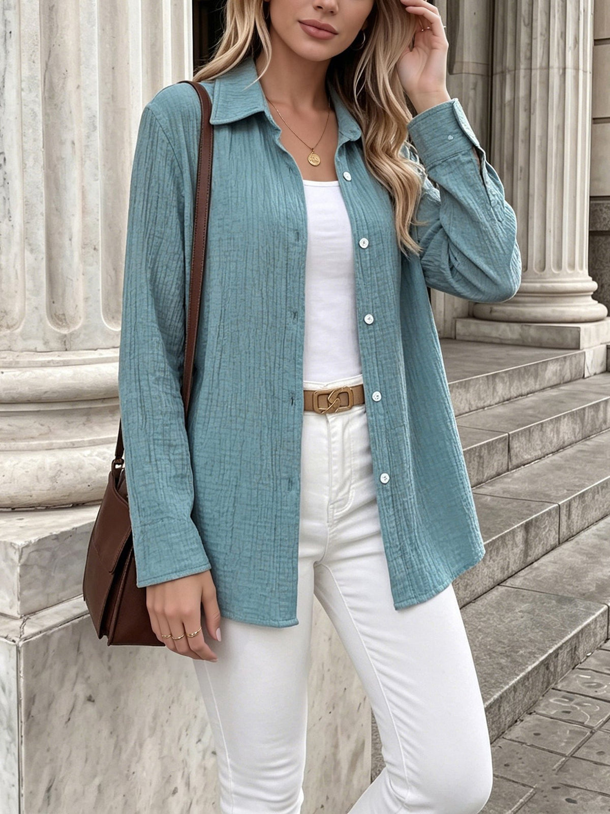 Long Sleeve Button Down Collared Textured Shirt