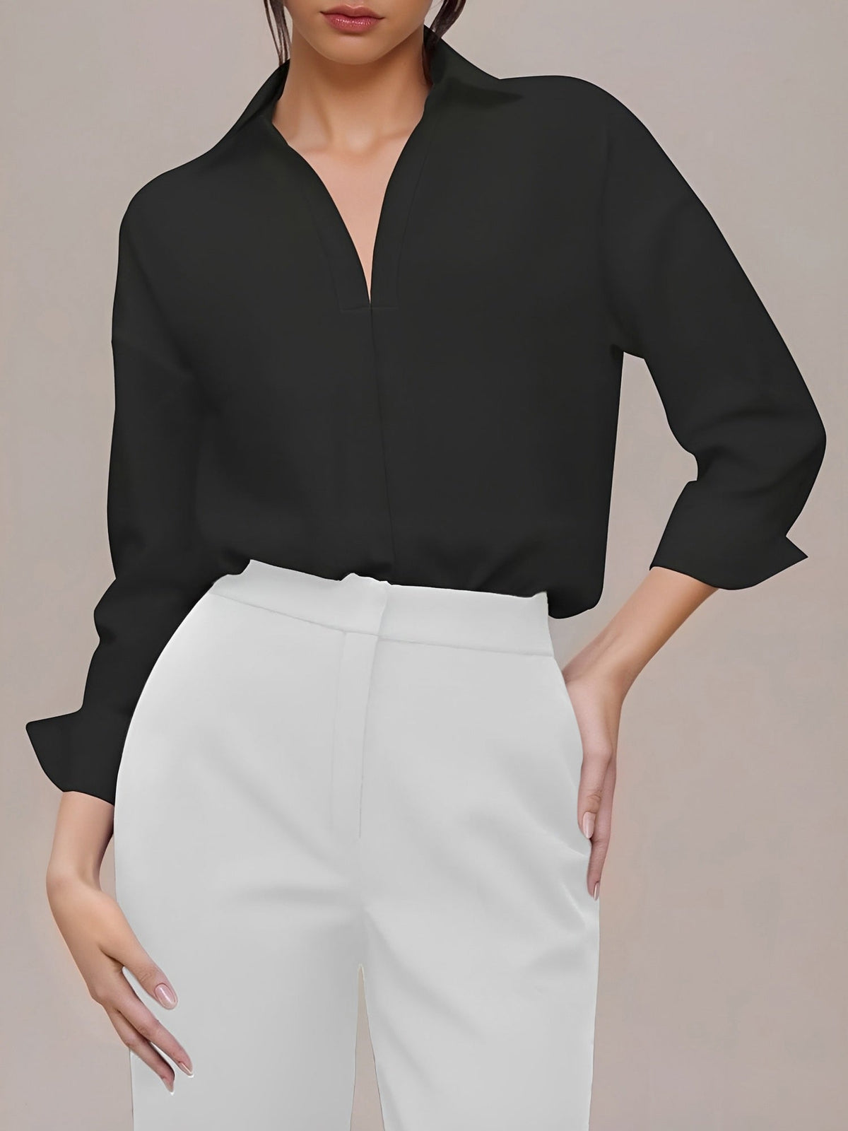 Lapel 3/4 Sleeves Solid Color Work Office Bodysuit