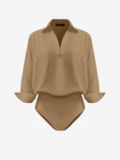 Lapel 3/4 Sleeves Solid Color Work Office Bodysuit