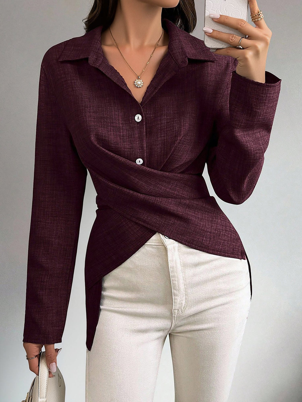 Long Sleeves Slit Criss Crioss Lace-Up Blouse