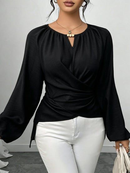 Round Neck Long Sleeves Criss Cross Lace-Up Blouse