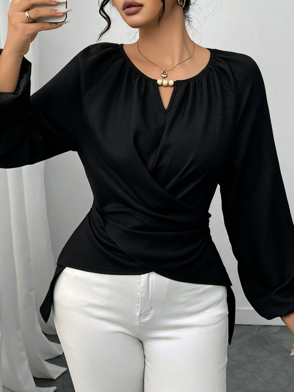 Round Neck Long Sleeves Criss Cross Lace-Up Blouse
