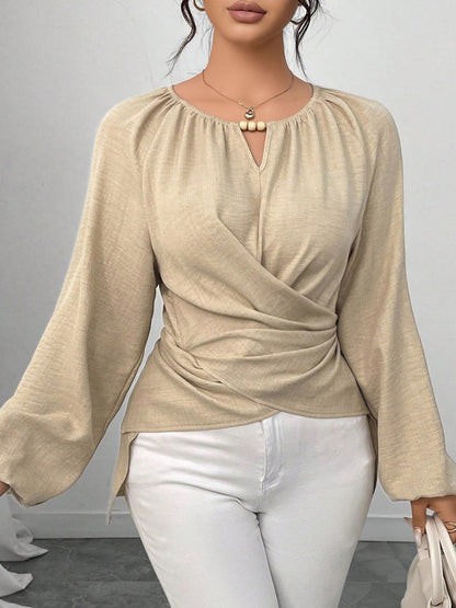 Round Neck Long Sleeves Criss Cross Lace-Up Blouse