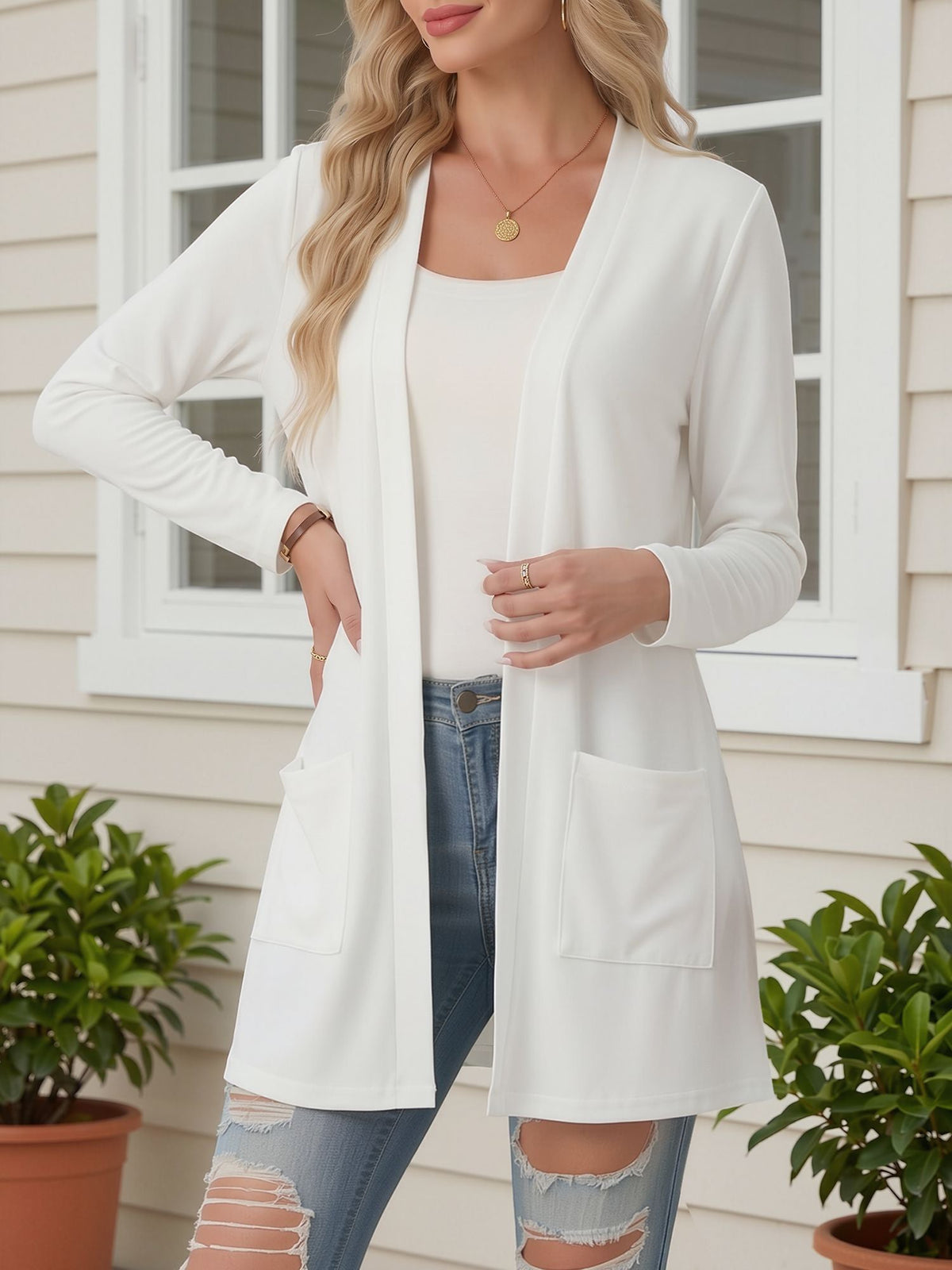 Open Front Long Sleeve Pockets Casual Jacket