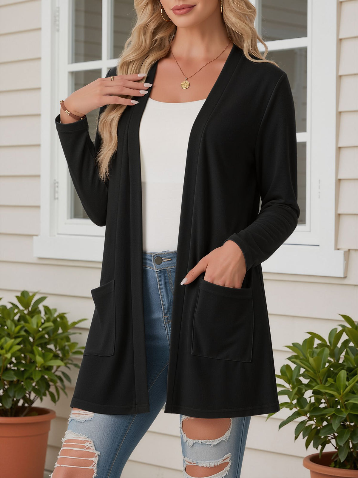 Open Front Long Sleeve Pockets Casual Jacket