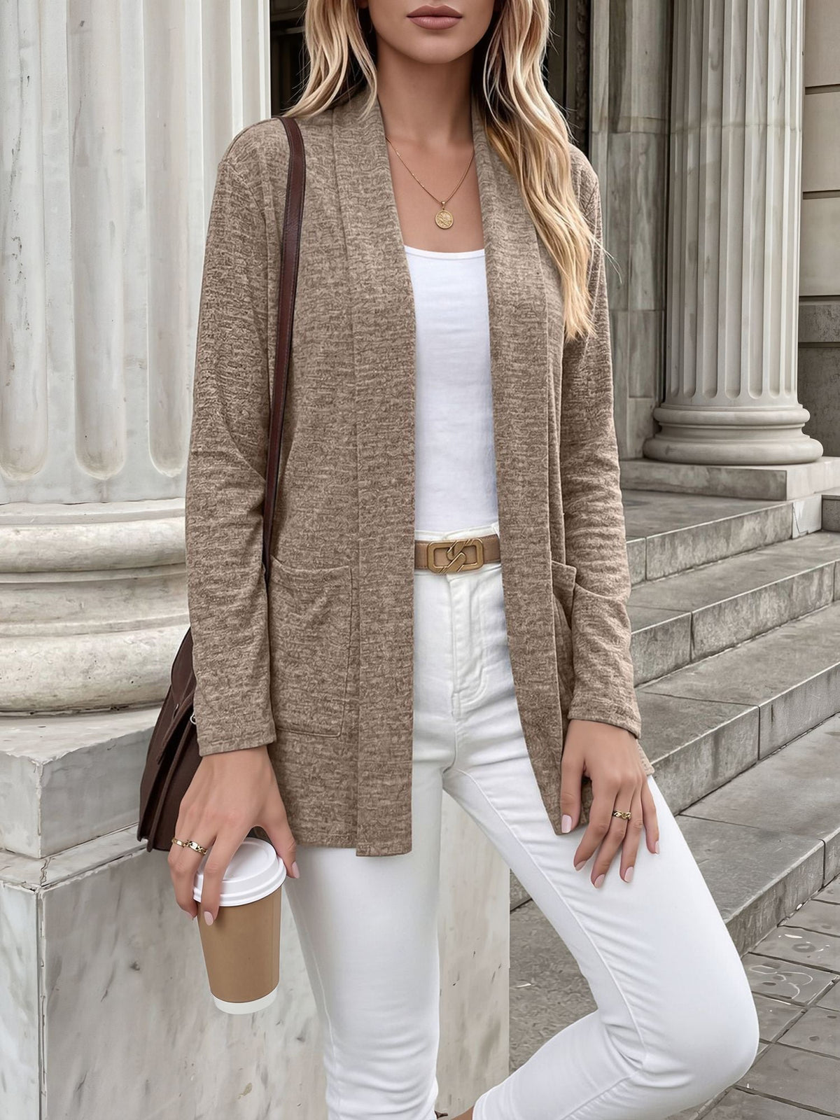 Casual Pocketed Long Sleeve Open Front Jacket