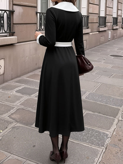 Retro Style Colorblocked Belted Midi A-Line Dress