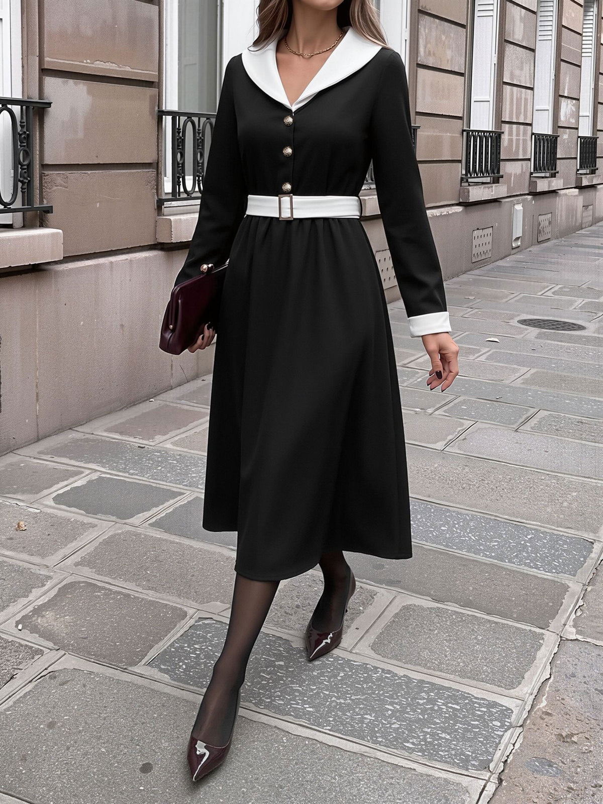 Retro Style Colorblocked Belted Midi A-Line Dress