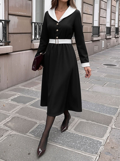 Retro Style Colorblocked Belted Midi A-Line Dress