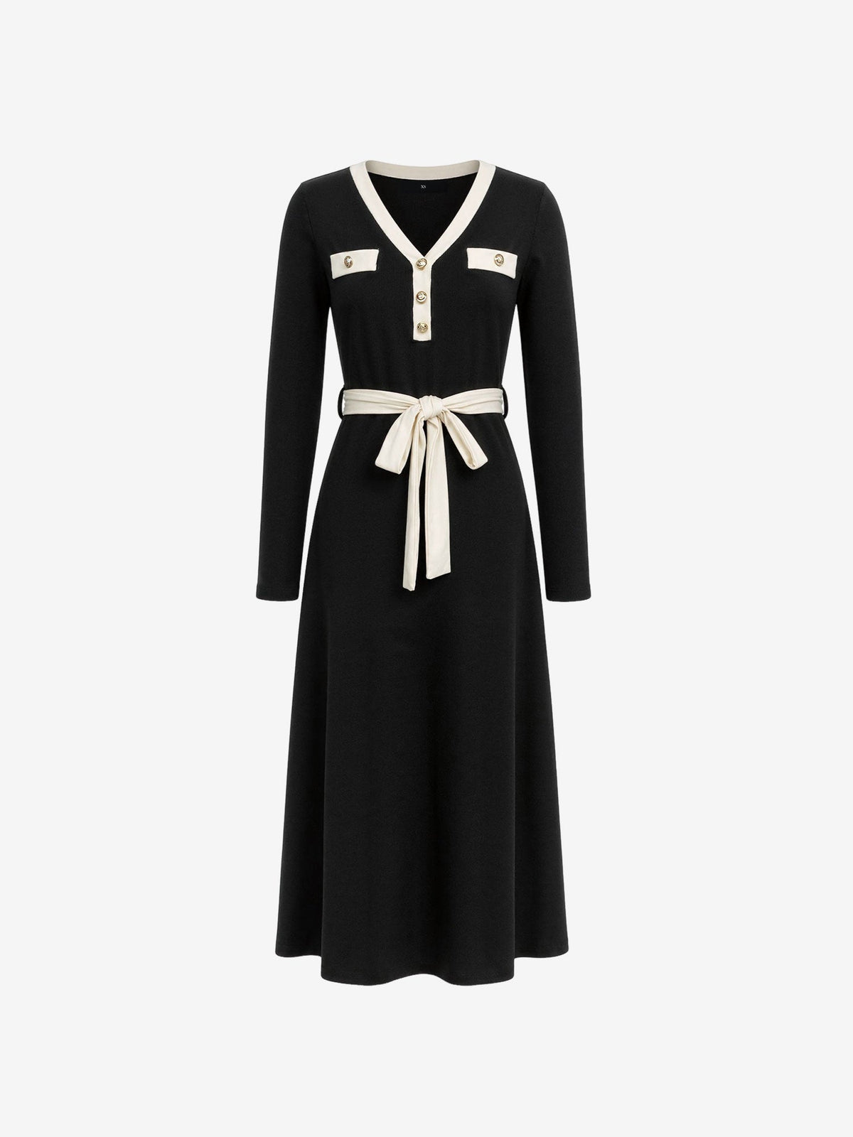 Colorblocked V Neck Knitted Mid-Length Dress