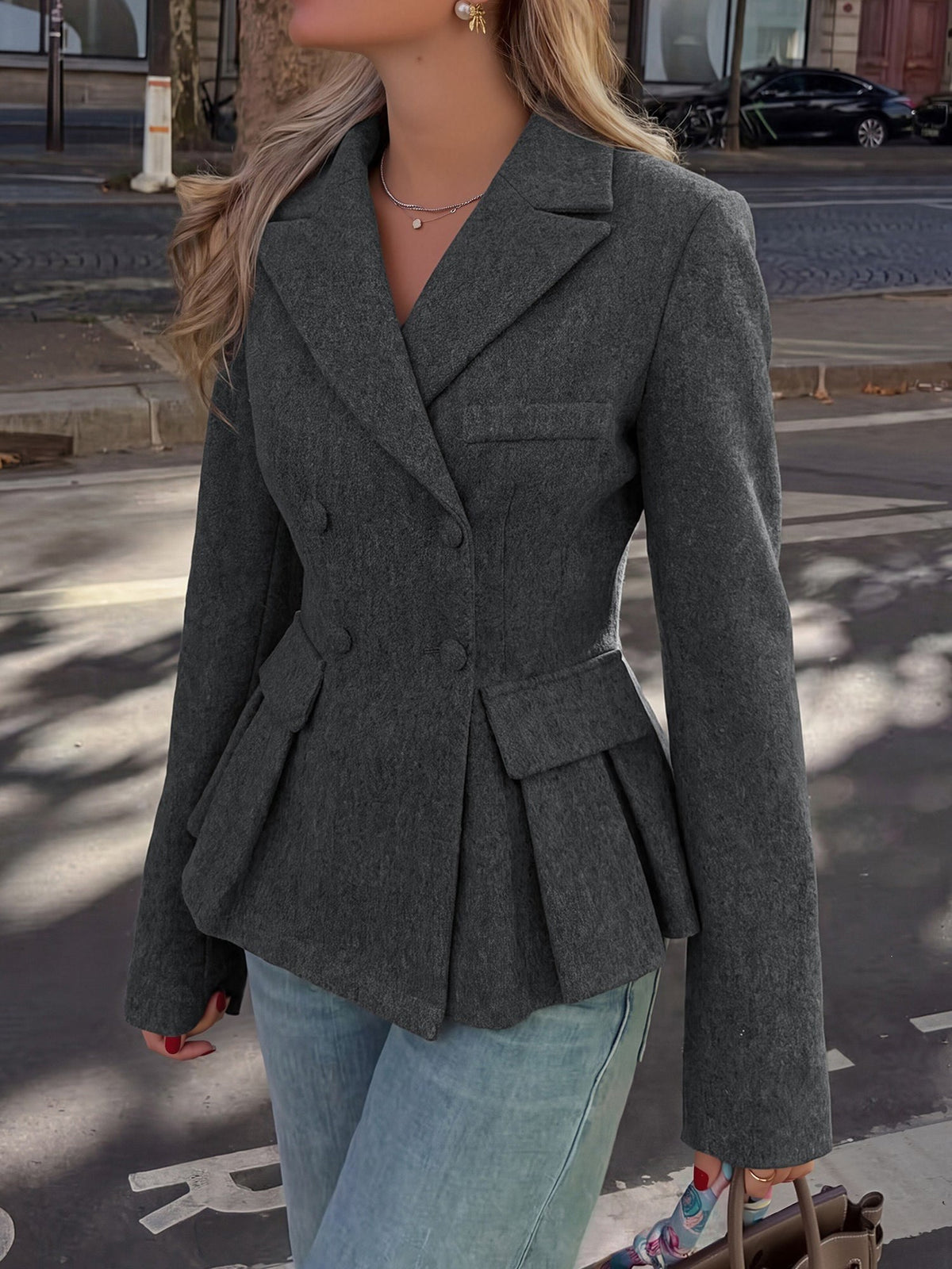 Notched Lapel Double Breasted Peplum Pea Coat