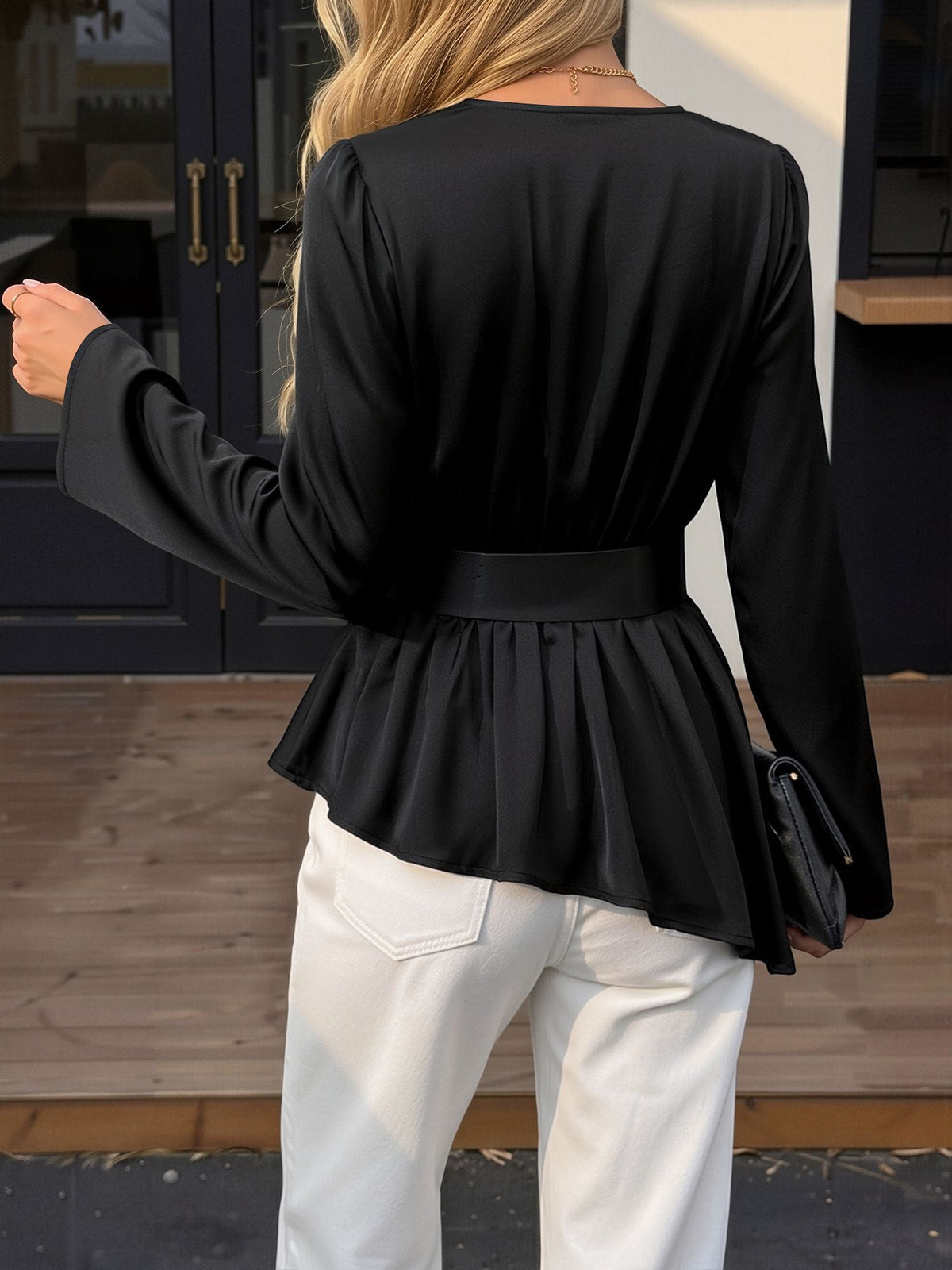 Puff Long Sleeves Ruched Belted Irregular Hem Blouse