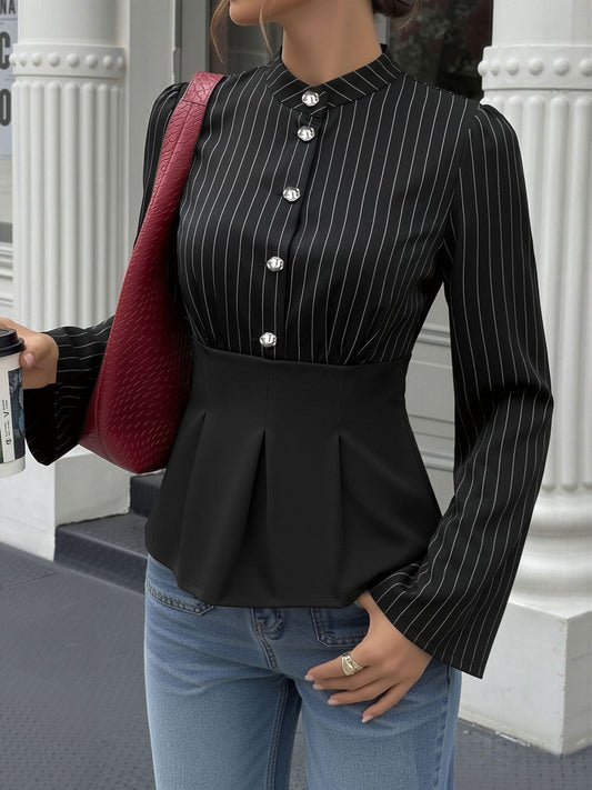 Striped Patchwork Long Sleeve Peplum Blouse