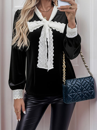Colorblock Velvet Lace Bow Long Sleeve Blouse