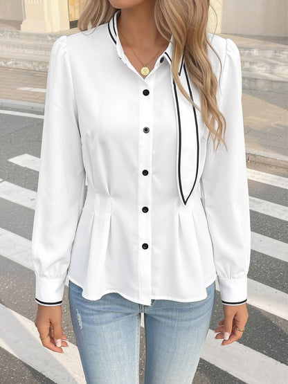 Colorblocked Puff Sleeves Cinched Waist Blouse