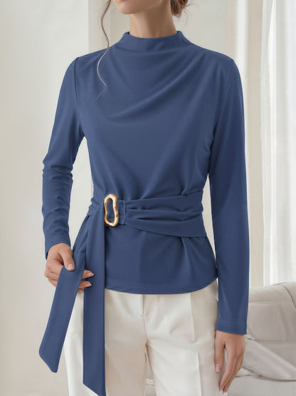 Mock Neck Long Sleeves Cinched Waist Blouse