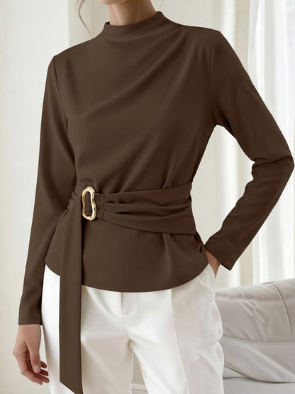 Mock Neck Long Sleeves Cinched Waist Blouse