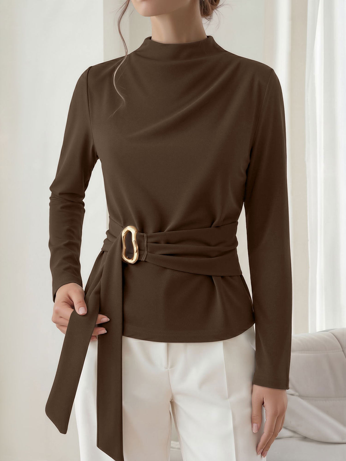 Mock Neck Long Sleeves Cinched Waist Blouse