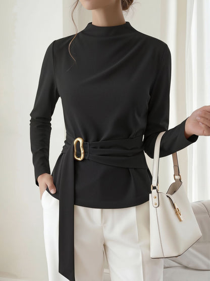 Mock Neck Long Sleeves Cinched Waist Blouse