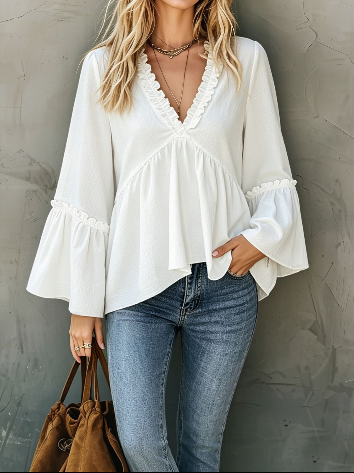 Loose Trumpet Sleeve Ruffled Trim V Neck Blouse