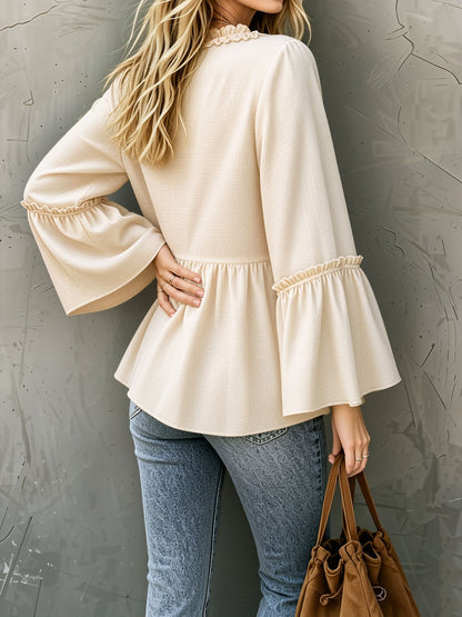 Loose Trumpet Sleeve Ruffled Trim V Neck Blouse