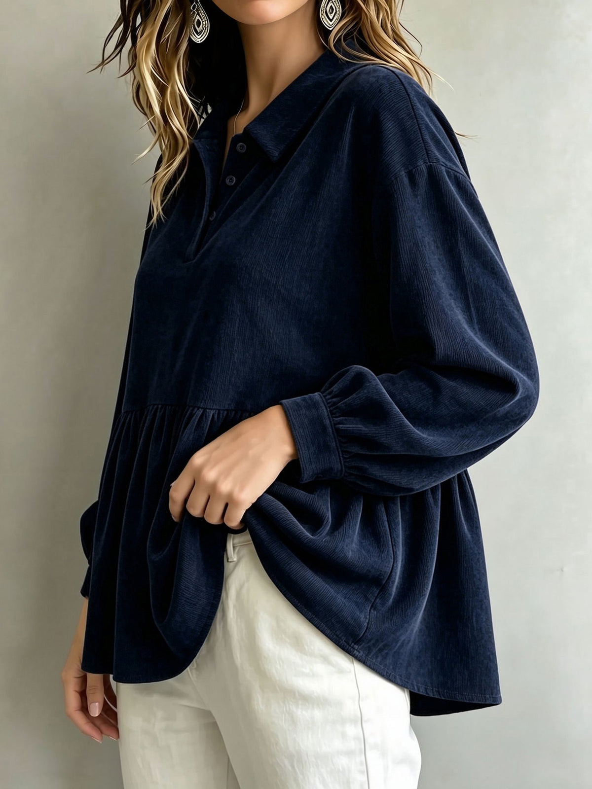 Corduroy Lantern Sleeve Solid Color Blouse