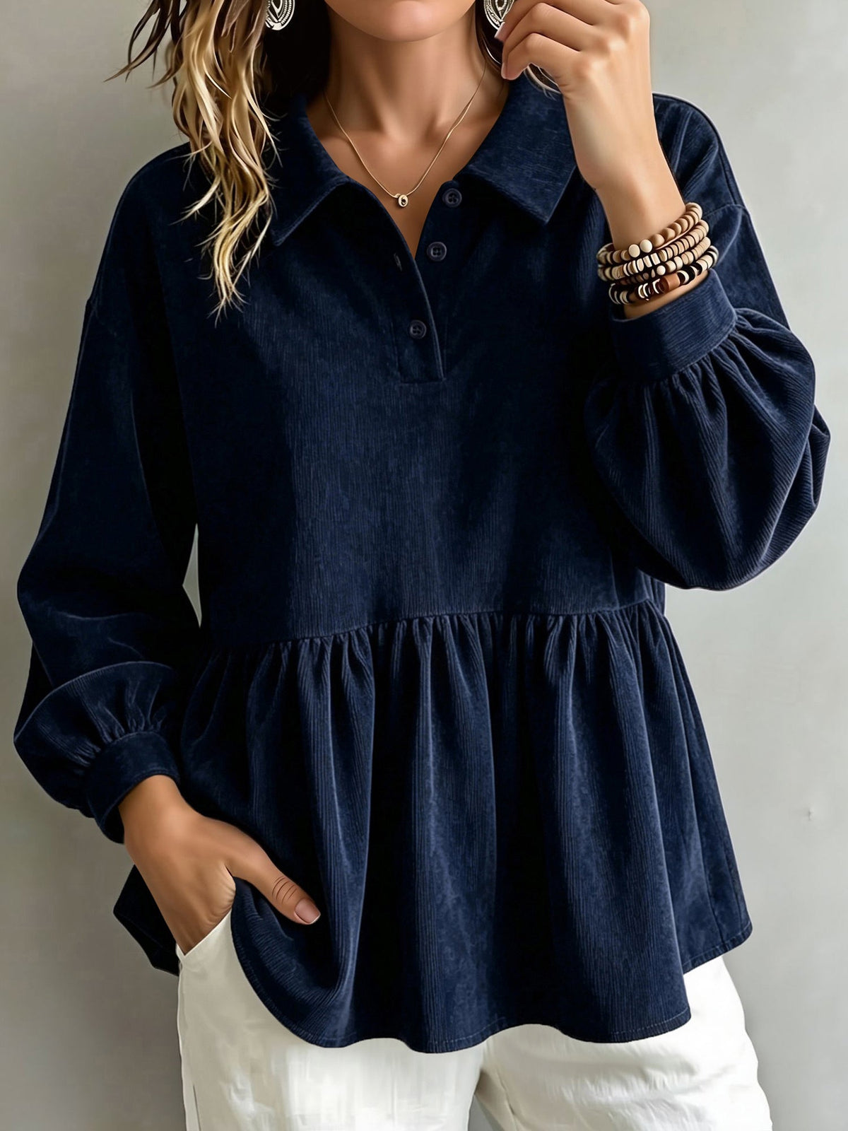 Corduroy Lantern Sleeve Solid Color Blouse
