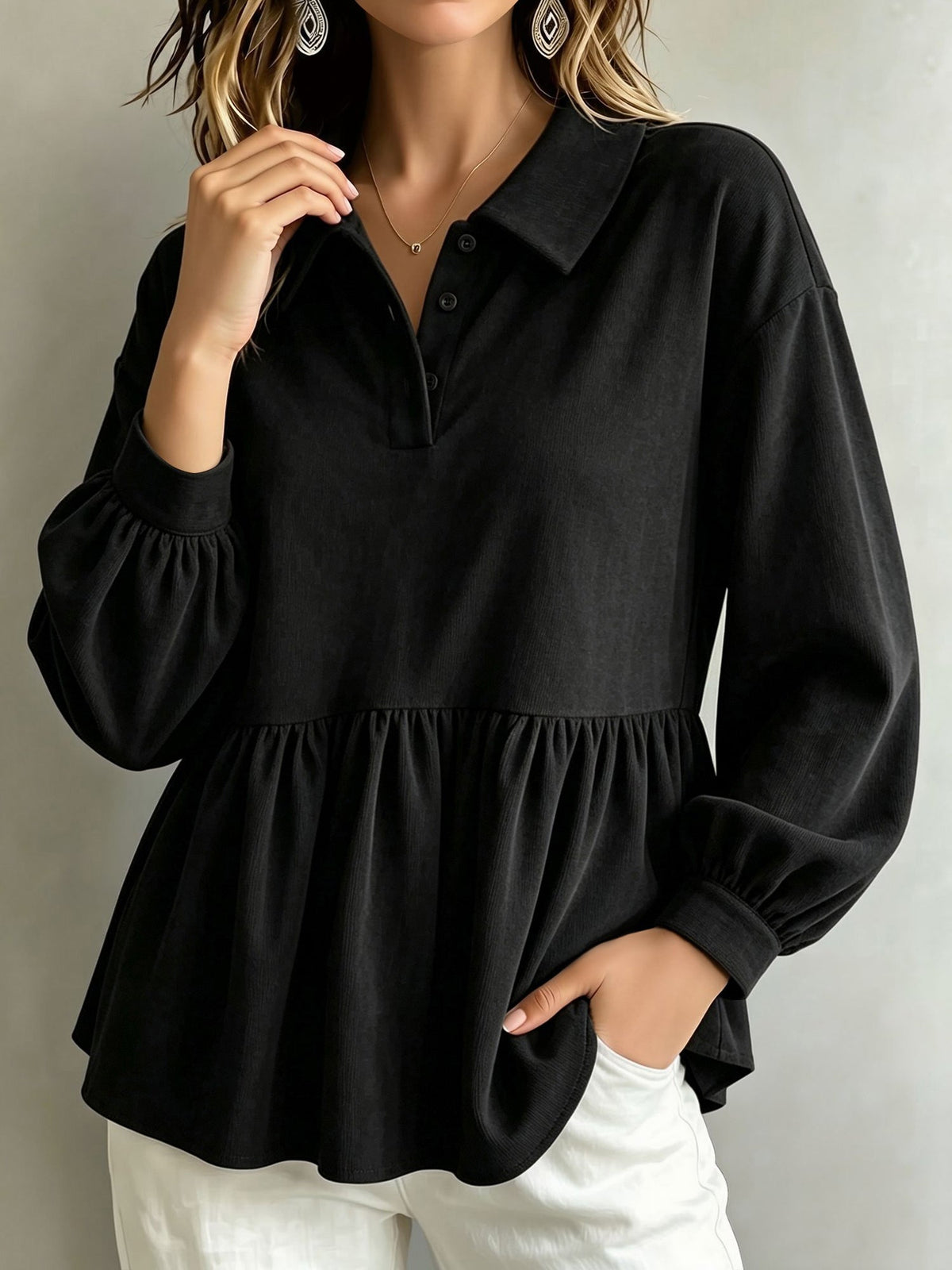 Corduroy Lantern Sleeve Solid Color Blouse