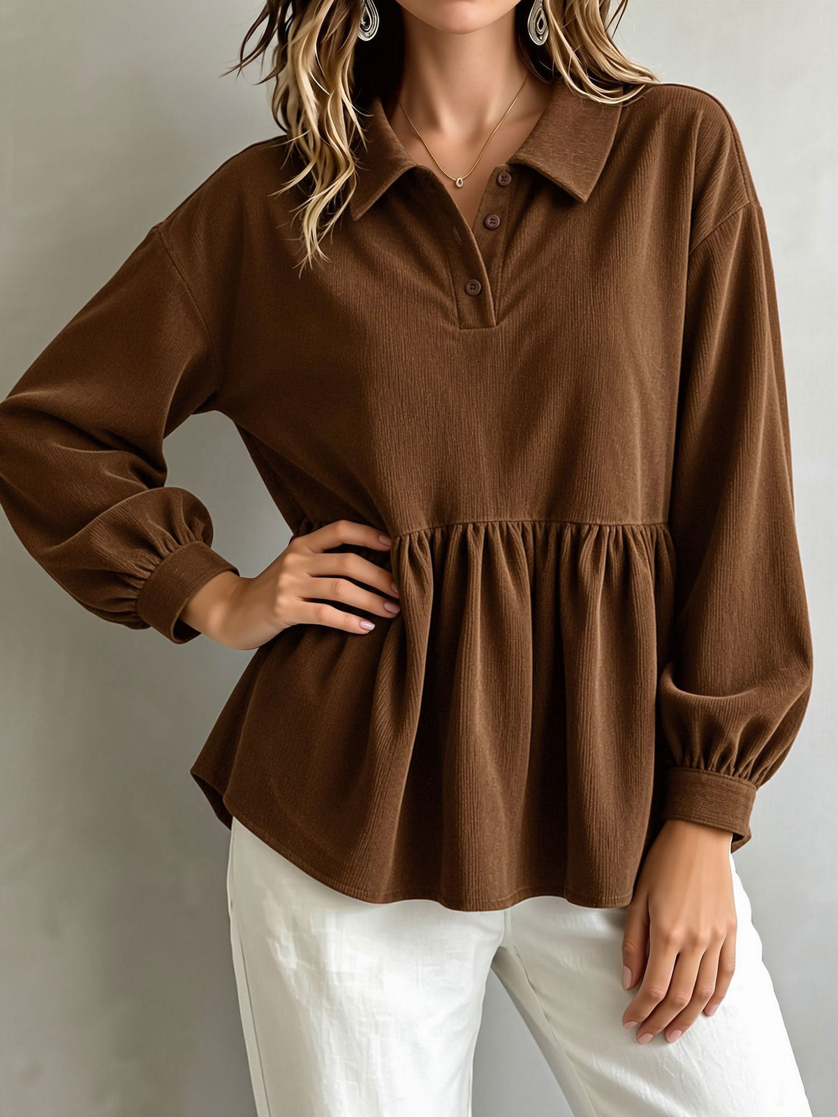 Corduroy Lantern Sleeve Solid Color Blouse