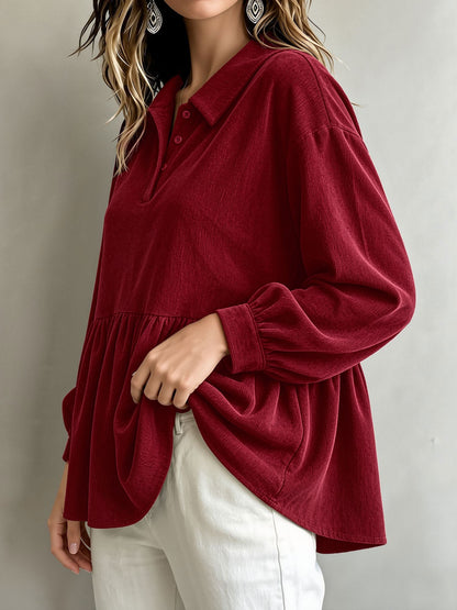 Corduroy Lantern Sleeve Solid Color Blouse