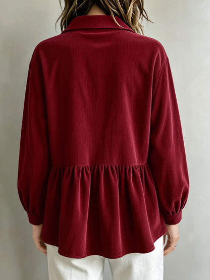 Corduroy Lantern Sleeve Solid Color Blouse