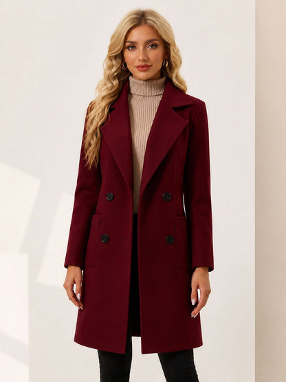 Notched Lapel Long Sleeves Mid Length Pea Coat