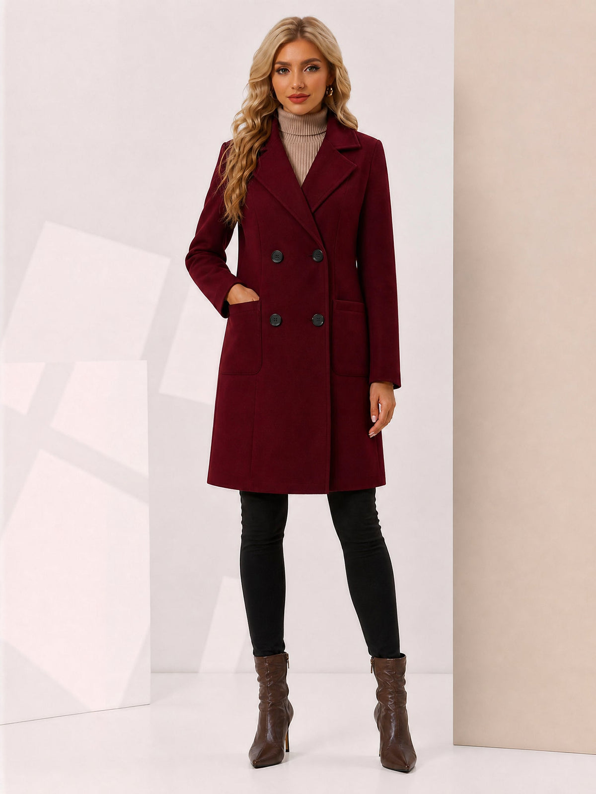 Notched Lapel Long Sleeves Mid Length Pea Coat