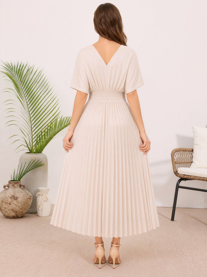 Bat Sleeves Smocked Waist Pleated A-Line Dress