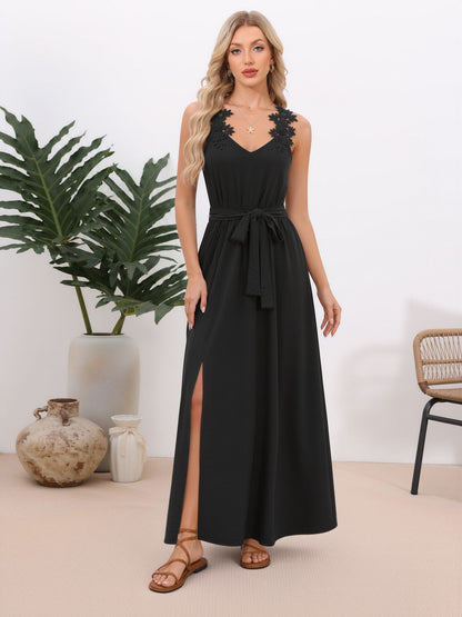 Lace Patchwork Sleeveless Belted Side Slit Dress