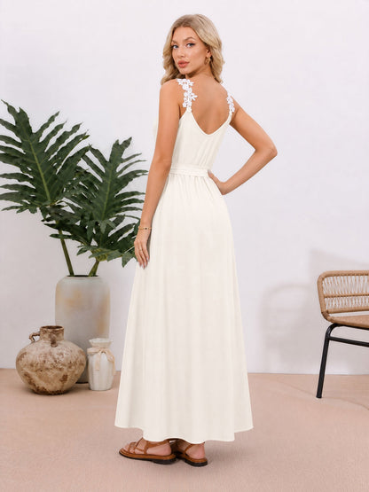 Lace Patchwork Sleeveless Belted Side Slit Dress