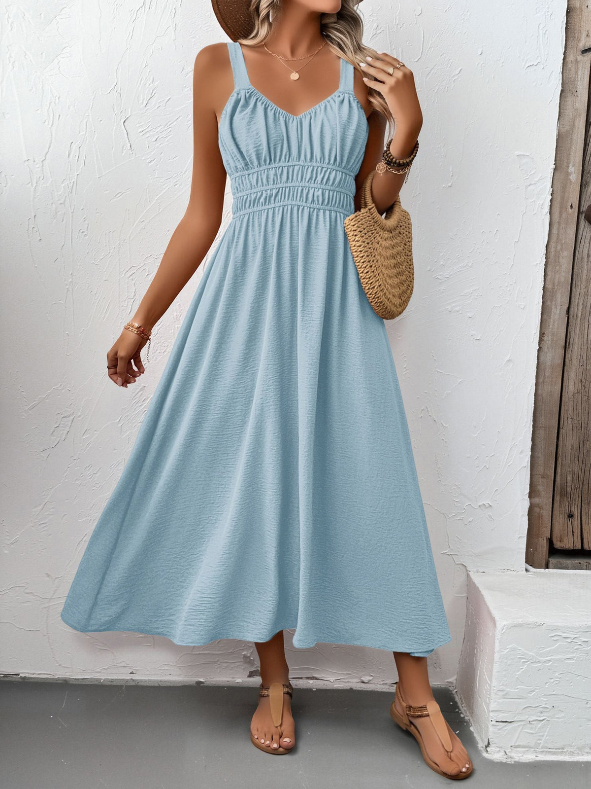 Sleeveless Ruched Lace-Up A-Line Midi Dress