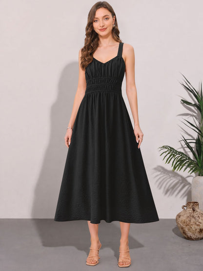 Sleeveless Ruched Lace-Up A-Line Midi Dress